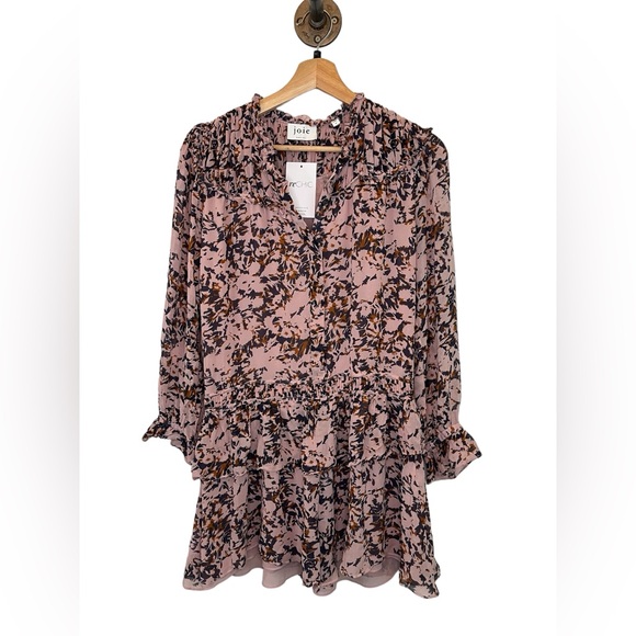 Joie Elsverre Silk Abstract Long Sleeve Dropped Waist Flounce Mini Dress, Size 8 - Picture 3 of 8